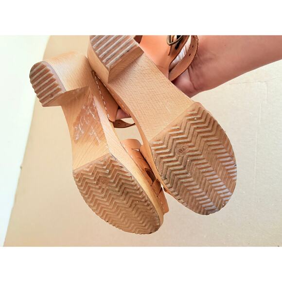 Moheda Swedish Leather Clogs Sandals Tan Woven Strappy Wood Heel Size 38 EU 7 US - Picture 5 of 6